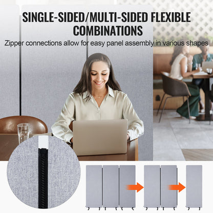 2FT Room Divider 3 Paneler PET Polyester Ljudisolerad Privacy Screen Grå