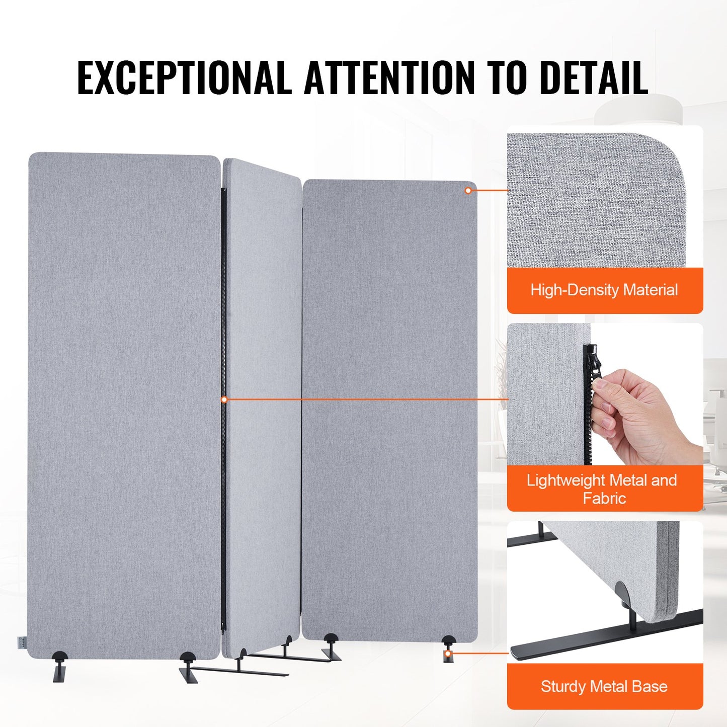 2FT Room Divider 3 Paneler PET Polyester Ljudisolerad Privacy Screen Grå