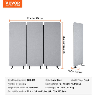 2FT Room Divider 3 Paneler PET Polyester Ljudisolerad Privacy Screen Grå