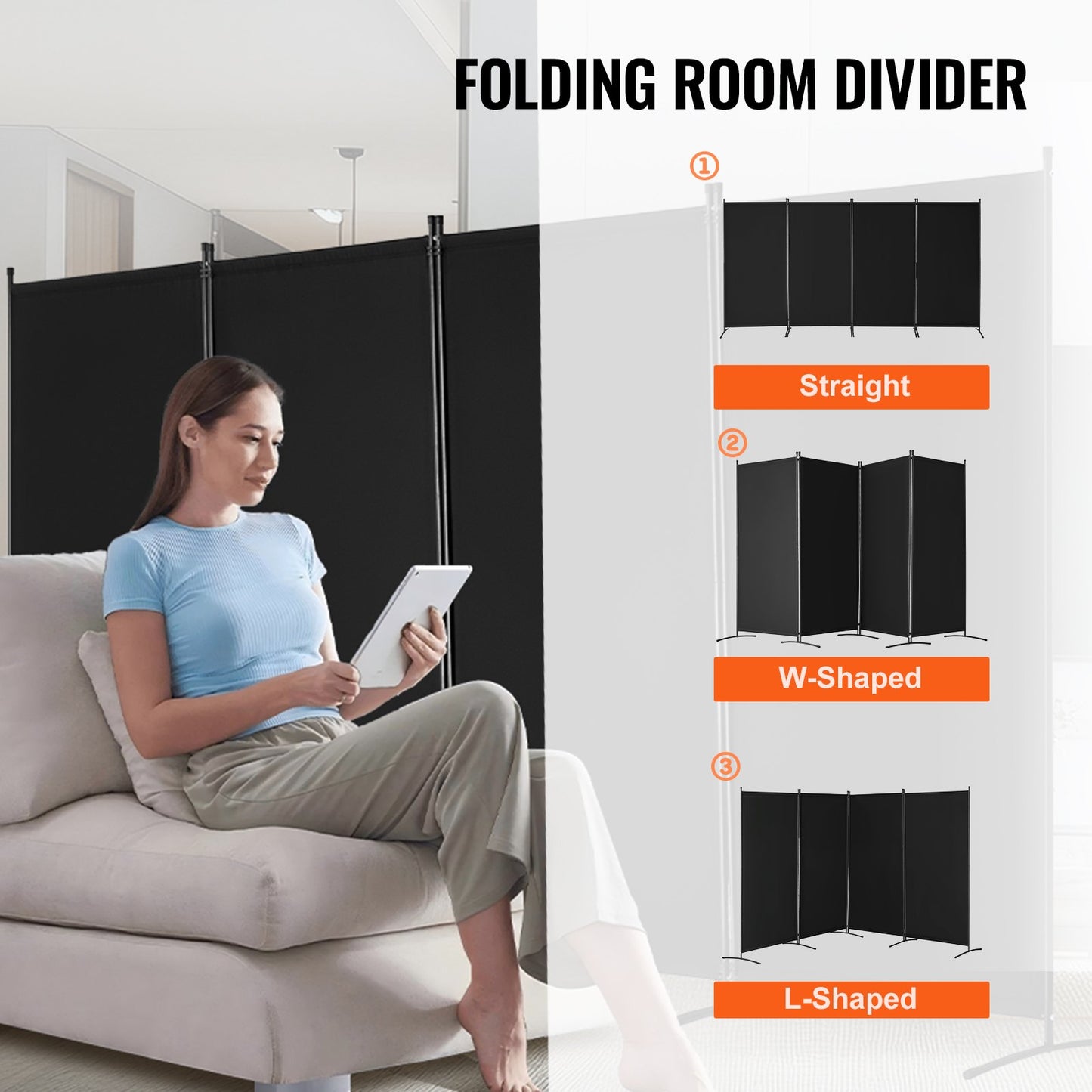 Room Divider 4 Panels Fabric Privacy Screen for Office Bedroom Black