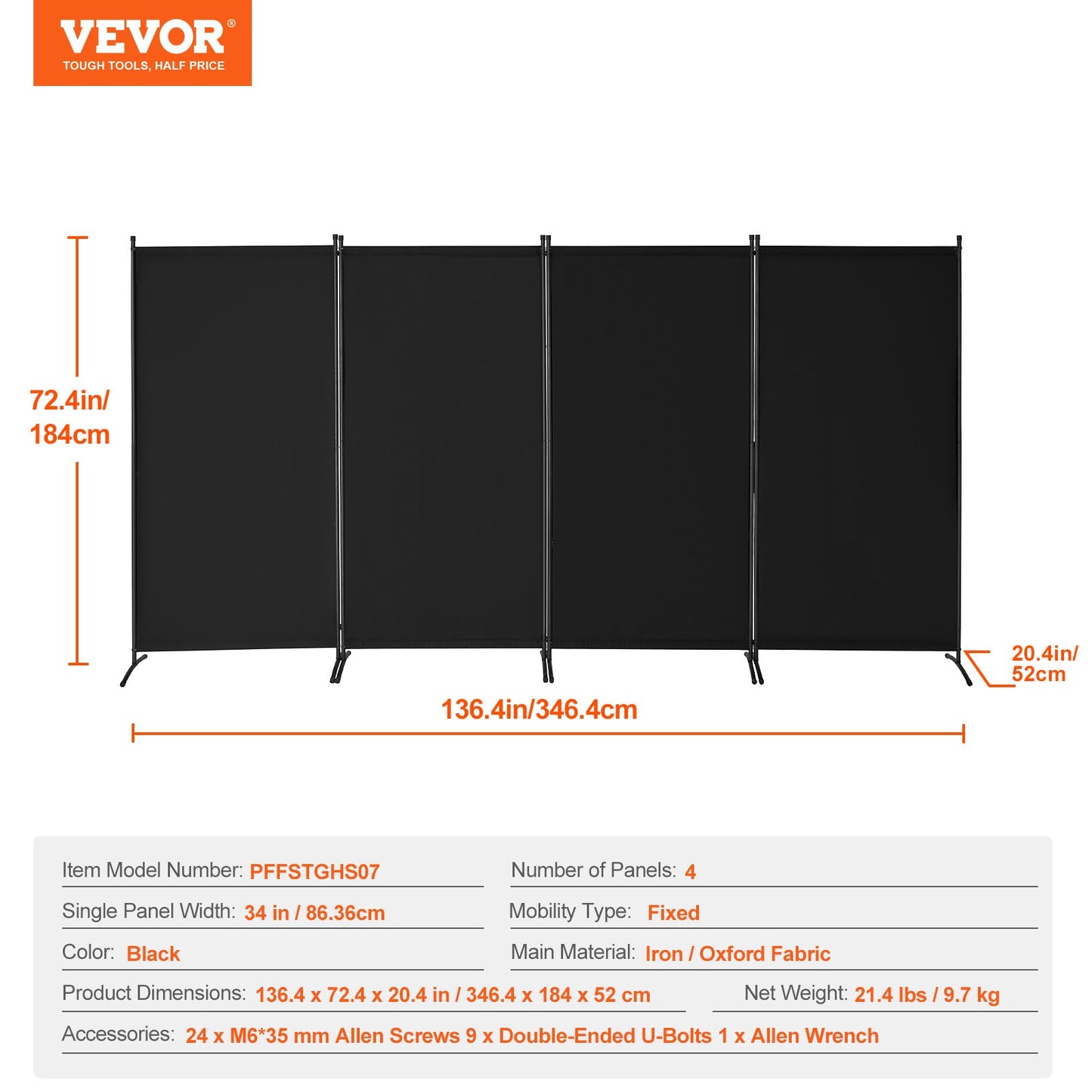 Room Divider 4 Panels Fabric Privacy Screen for Office Bedroom Black
