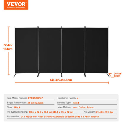 Room Divider 4 Panels Fabric Privacy Screen for Office Bedroom Black