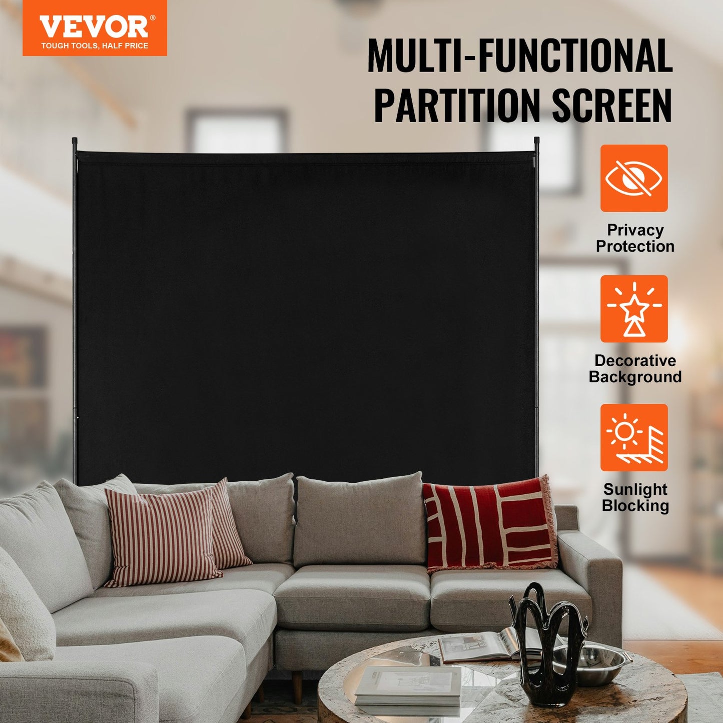 6FT Room Divider Single Panel Fabric Room Screen for Office Bedroom Black
