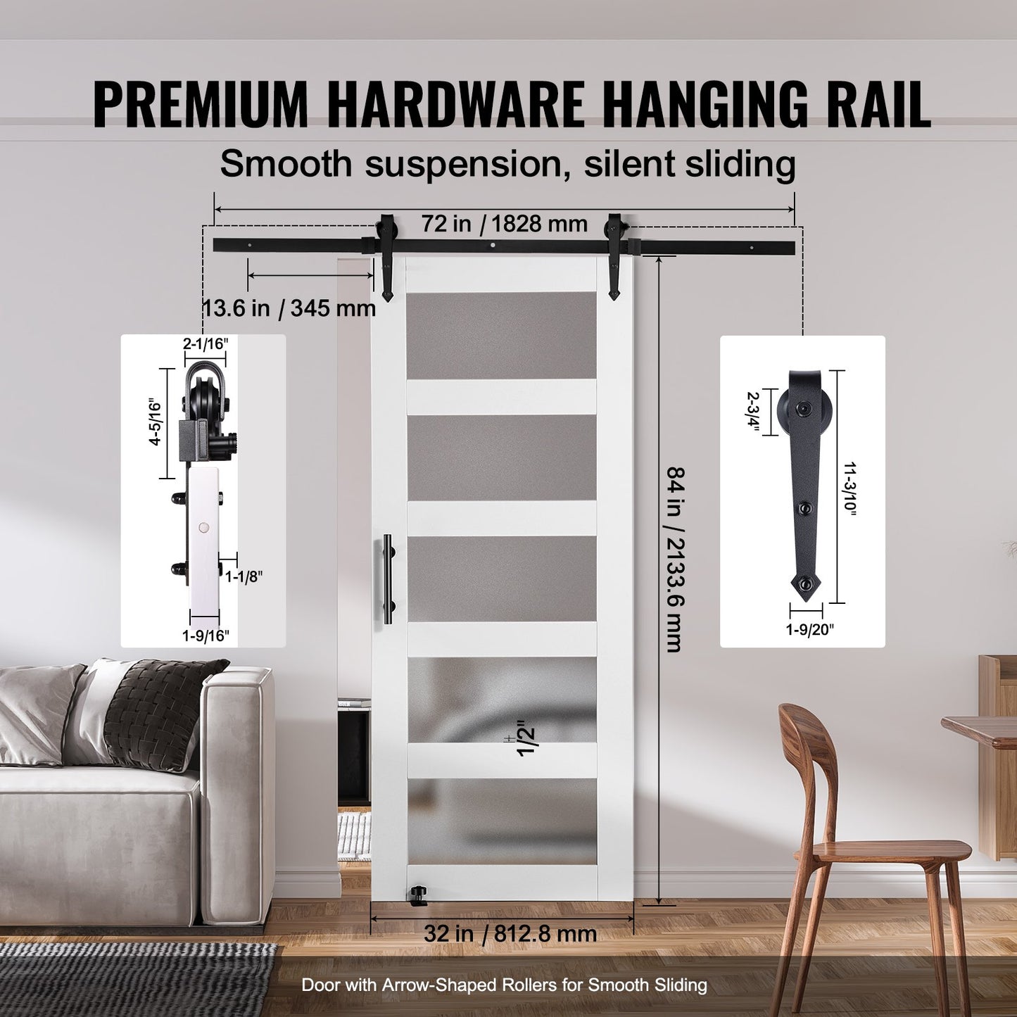Scheunentor und Hardware-Kit 32" x 84" Holz und Glas Schiebetür-Kit für Scheunentore