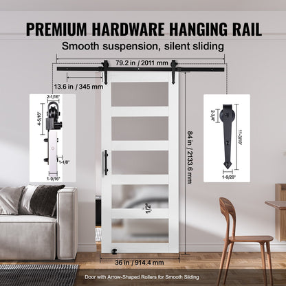 Ladugårdsdörr och beslagsats 36" x 84" trä och glas skjutbar ladugårdsdörrsats