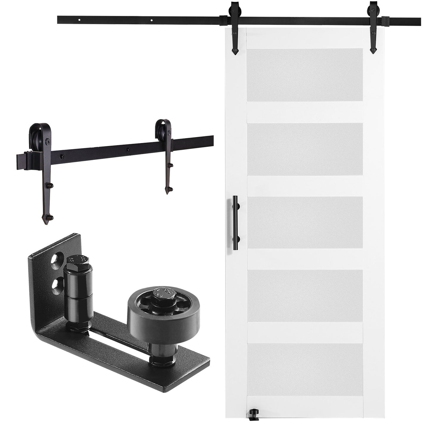 Ladugårdsdörr och beslagsats 30" x 84" trä och glas skjutbar ladugårdsdörrsats