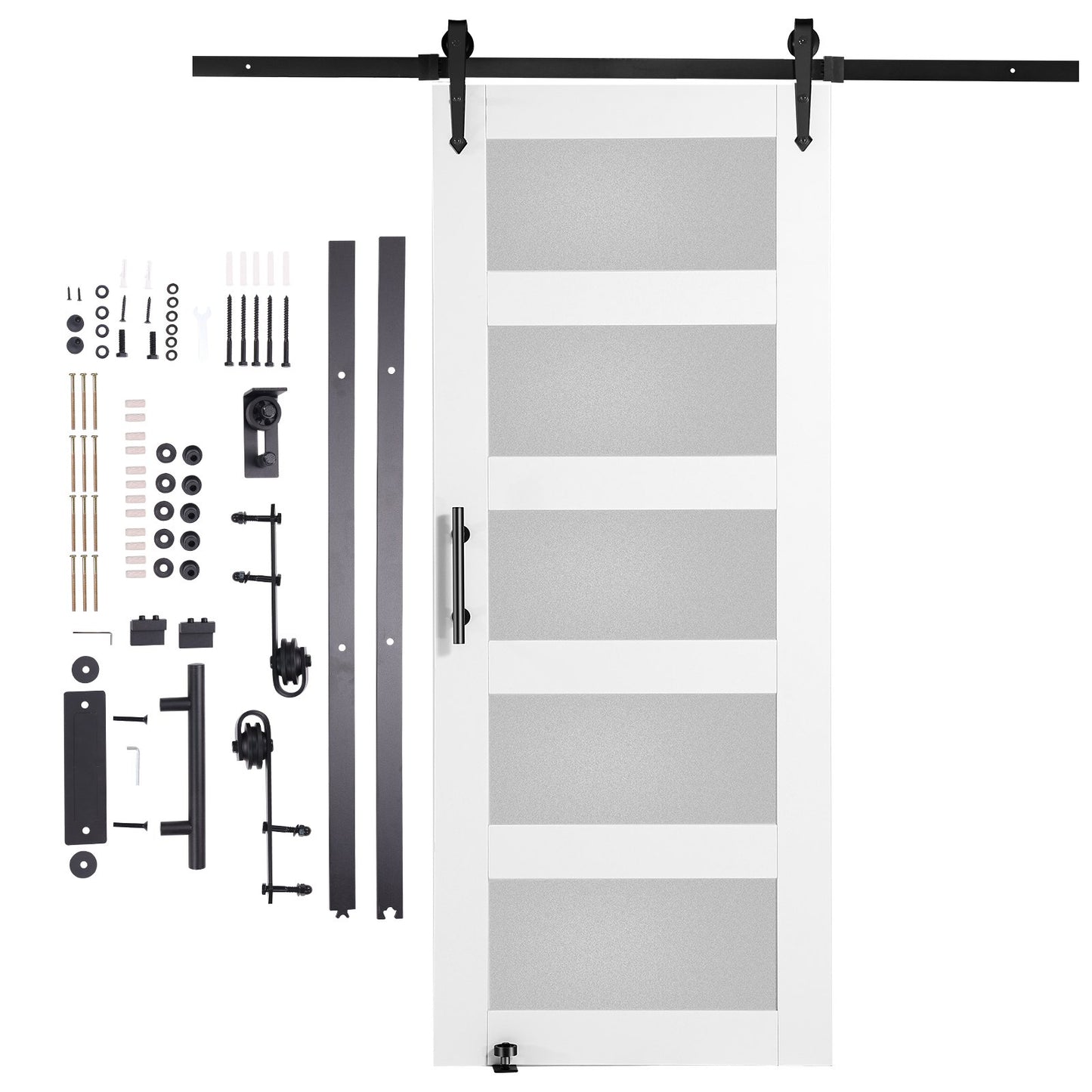 Ladugårdsdörr och beslagsats 30" x 84" trä och glas skjutbar ladugårdsdörrsats