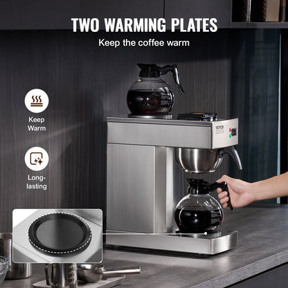 12 Cup Commercial Drip Coffee Maker with 2 Glass Carafes and 2 Warmers