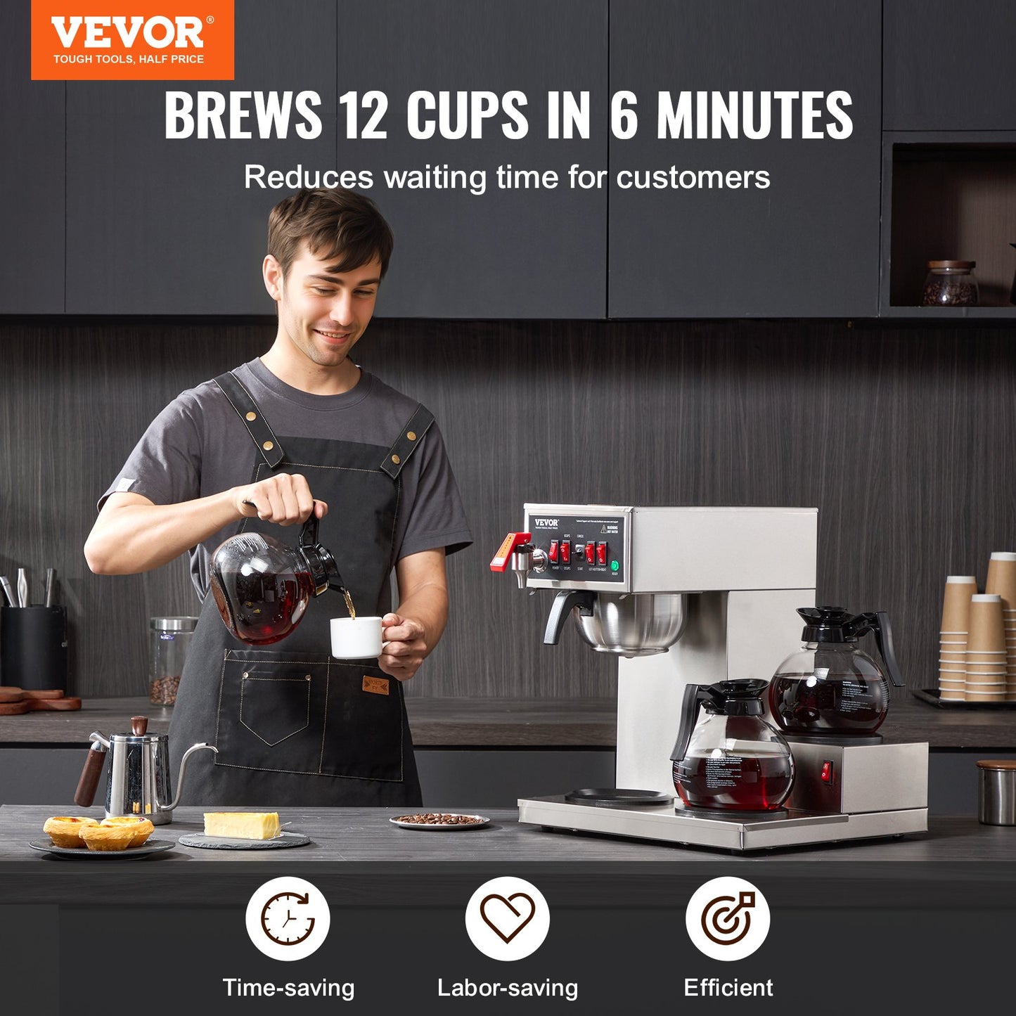 12 Cup Commercial Drip Coffee Maker with 3 Glass Carafes and 3 Warmers