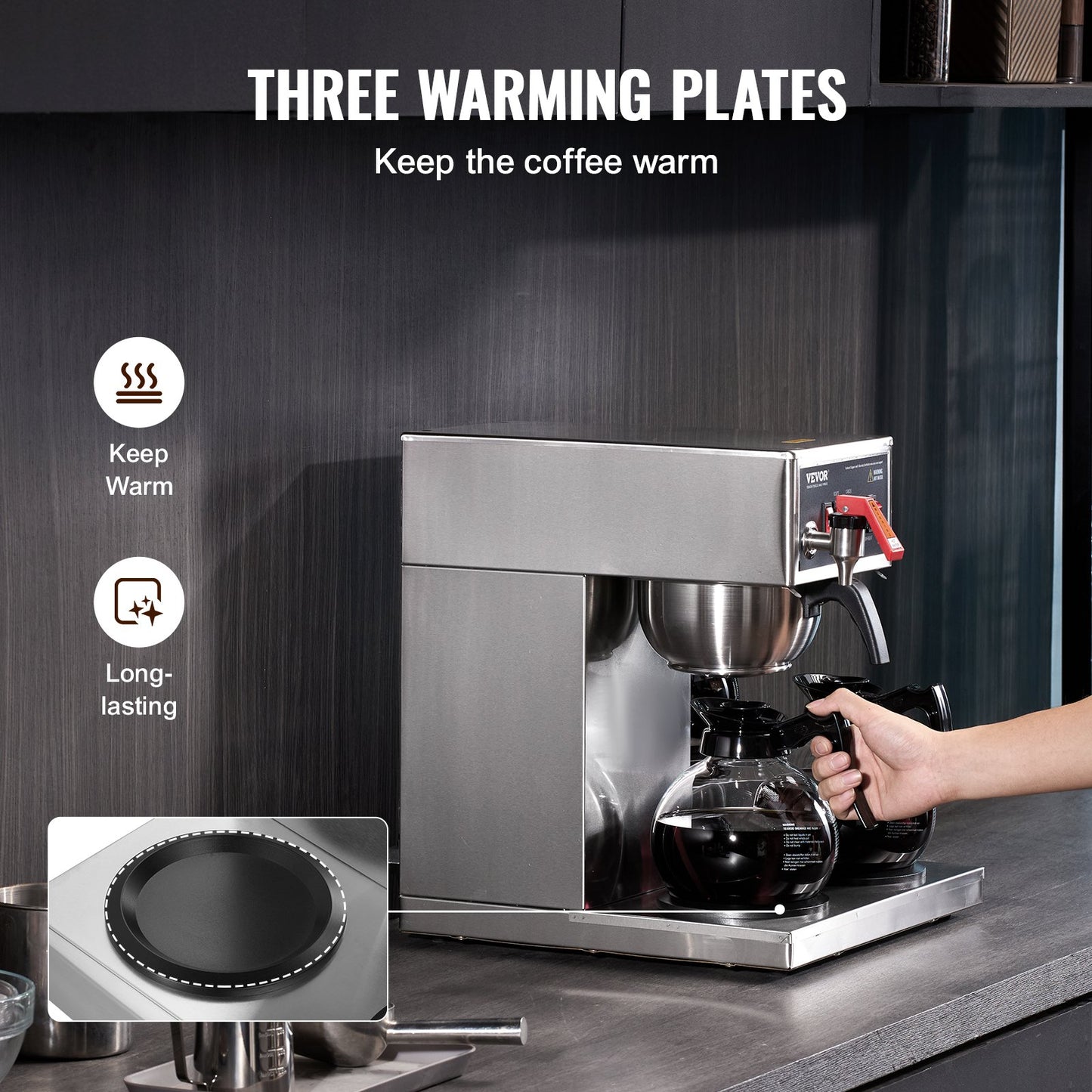 12 Cup Commercial Drip Coffee Maker with 3 Glass Carafes and 3 Warmers