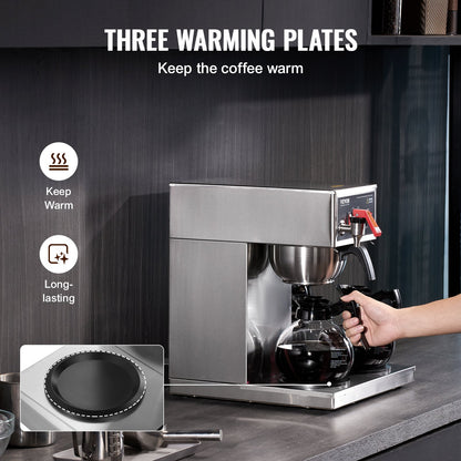 12 Cup Commercial Drip Coffee Maker with 3 Glass Carafes and 3 Warmers