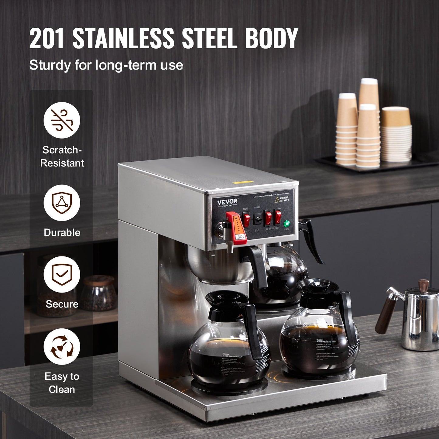 12 Cup Commercial Drip Coffee Maker with 3 Glass Carafes and 3 Warmers