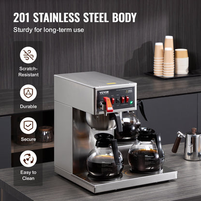 12 Cup Commercial Drip Coffee Maker with 3 Glass Carafes and 3 Warmers