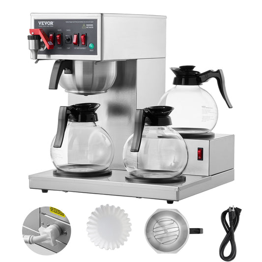 12 Cup Commercial Drip Coffee Maker with 3 Glass Carafes and 3 Warmers