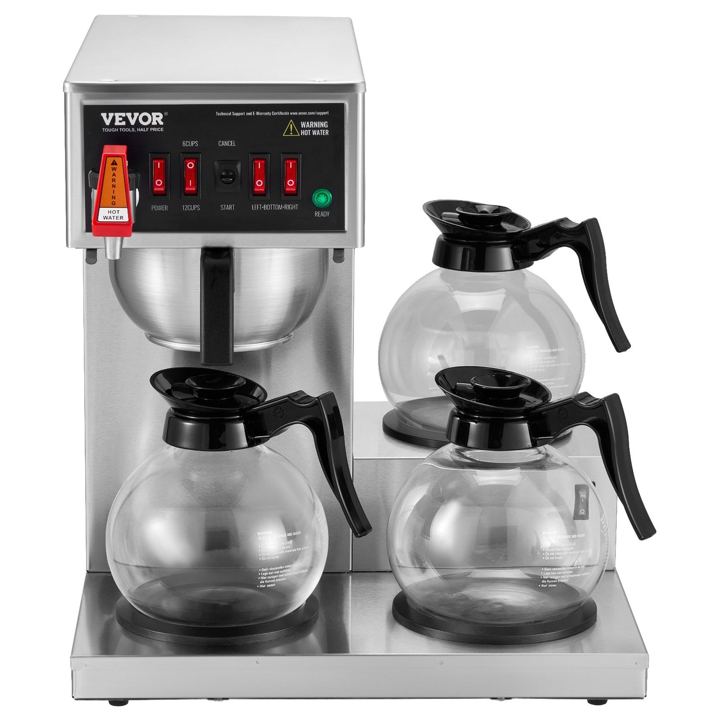 12 Cup Commercial Drip Coffee Maker with 3 Glass Carafes and 3 Warmers