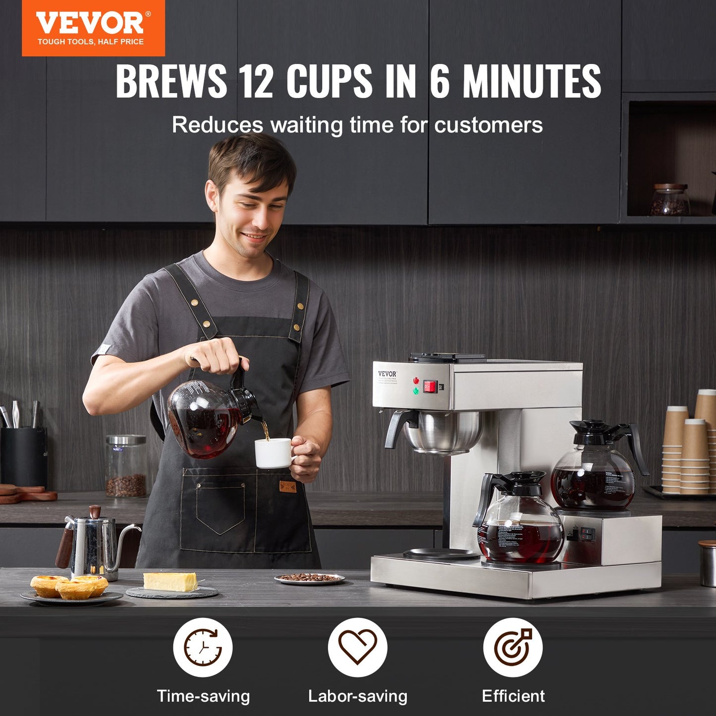 12 Cup Commercial Drip Coffee Maker with 3 Glass Carafes and 3 Warmers