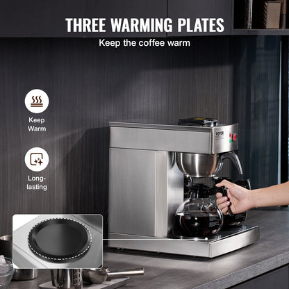 12 Cup Commercial Drip Coffee Maker with 3 Glass Carafes and 3 Warmers