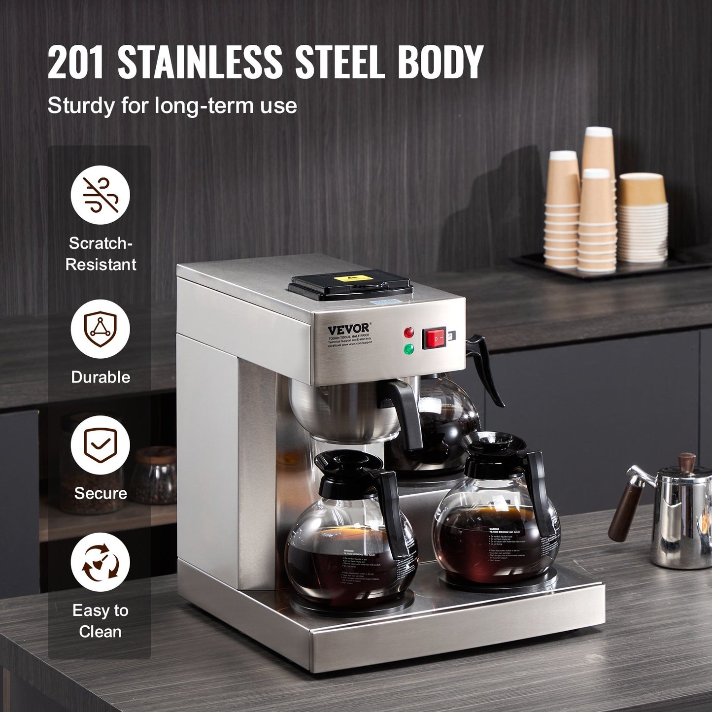 12 Cup Commercial Drip Coffee Maker with 3 Glass Carafes and 3 Warmers