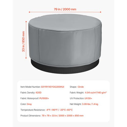 Cover for outdoor hot tub round 2000 x 850 mm weatherproof and waterproof grey
