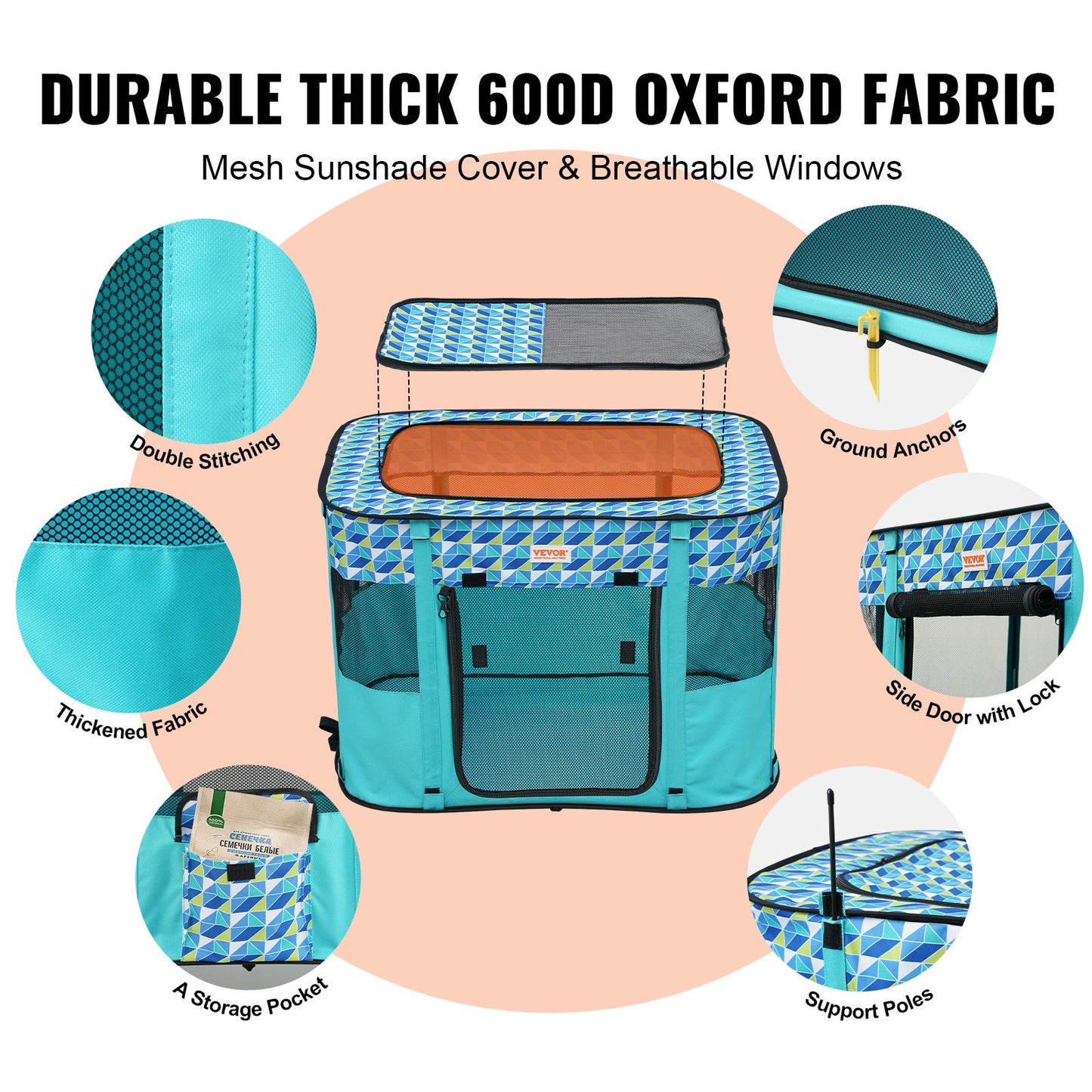 Faltbarer Laufstall für Haustiere, 81,3 x 61 x 56,9 cm, tragbarer Hundelaufstall, Hundebox für Welpen, Hunde, Katzen, wasserdichtes 600D-Oxford-Gewebe, abnehmbarer Reißverschluss, für den Einsatz im Innen- und Außenbereich, Reisen und Camping (rechteckig,