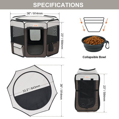 Foldable Pet Playpen, 36 Inch Portable Dog Playpen, Kennel for Puppy, Dog, Cat, Premium Waterproof 600D Oxford Cloth, Removable Zipper, for Indoor Outdoor Travel and Camping Use (Octagon, M)