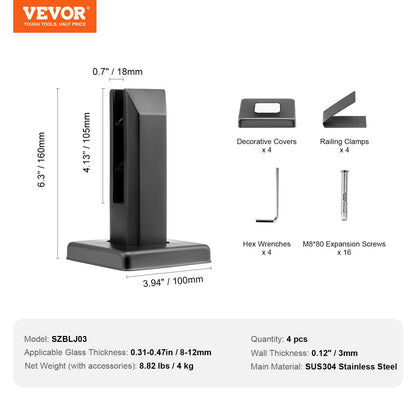 Glass clamp 4 PCS Square railing bracket for 0.31"-0.47" glass black