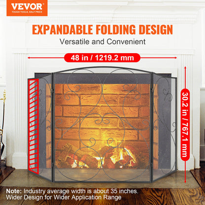Fireplace Screen 3 Panel, Heavy Duty Iron Mesh Fireplace Screen, 122(L)x76.7(H)CM Spark Guard Cover, No Assembly Required, Freestanding Fireplace Fence Grille for Living Room Home Decor Vintage