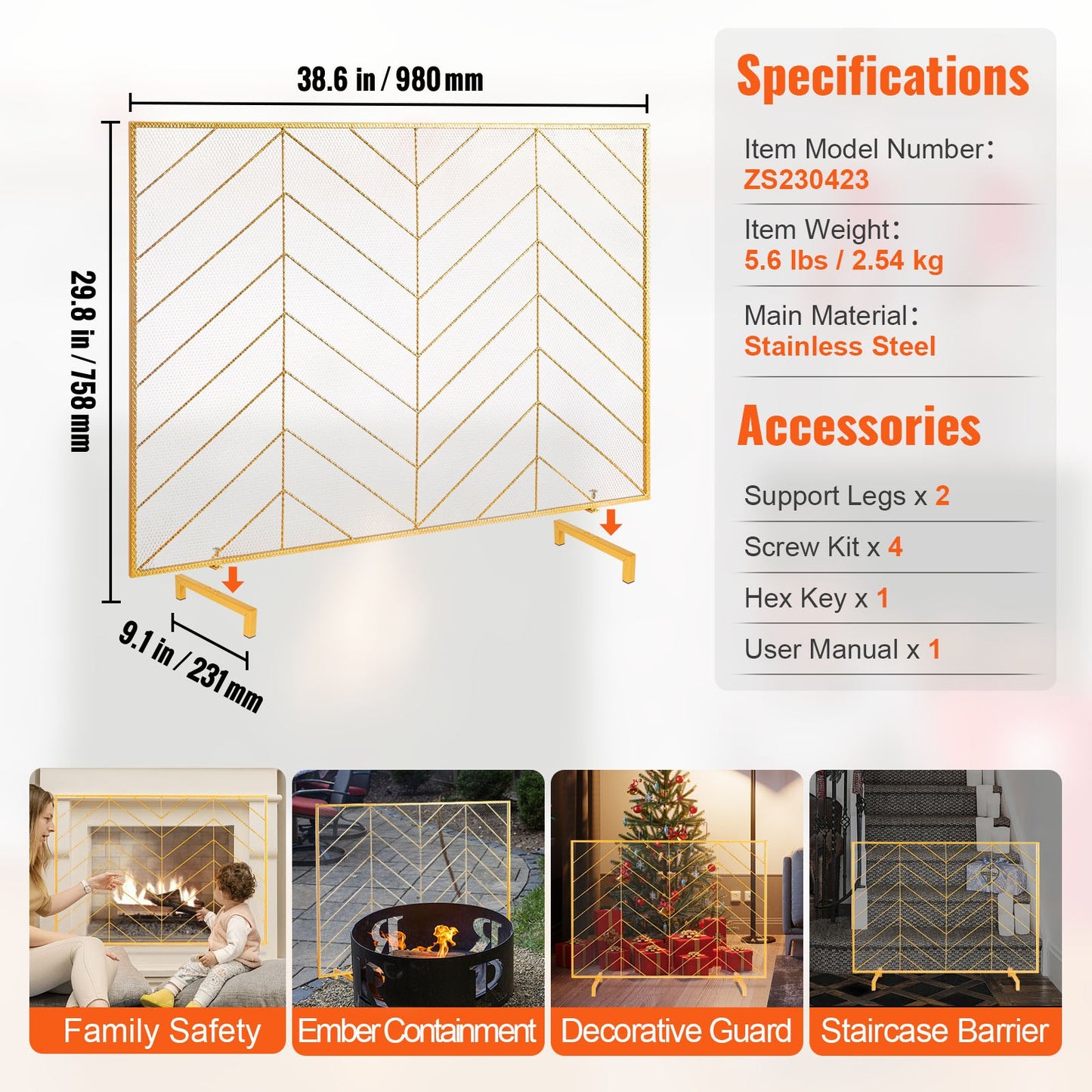 Fireplace Screen Single Panel, Heavy Duty Iron Mesh Fireplace Screen, 980(L) x758(H)MM Spark Guard Cover, Easy Installation, Freestanding Fire Fence Grille for Living Room Home Decor Modern