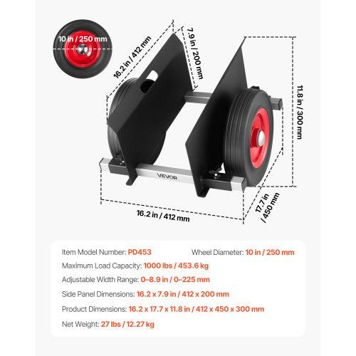 Panelvagn, 453,6 kg lastkapacitet, gipsvagn med 25 cm gummihjul passar olika terränger, justerbar klämpanelvagn för stålpaneler, madrasser, dörrar och gipsskivor, svart |  EU
