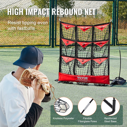 9-Hole Baseball Net, 49"x42" Softball Baseball Training Equipment for Batting Practice, Portable Quick Assembly Coach Aid with Carrying Bag, Strike Zone, Ground Stakes, for Youth Adults