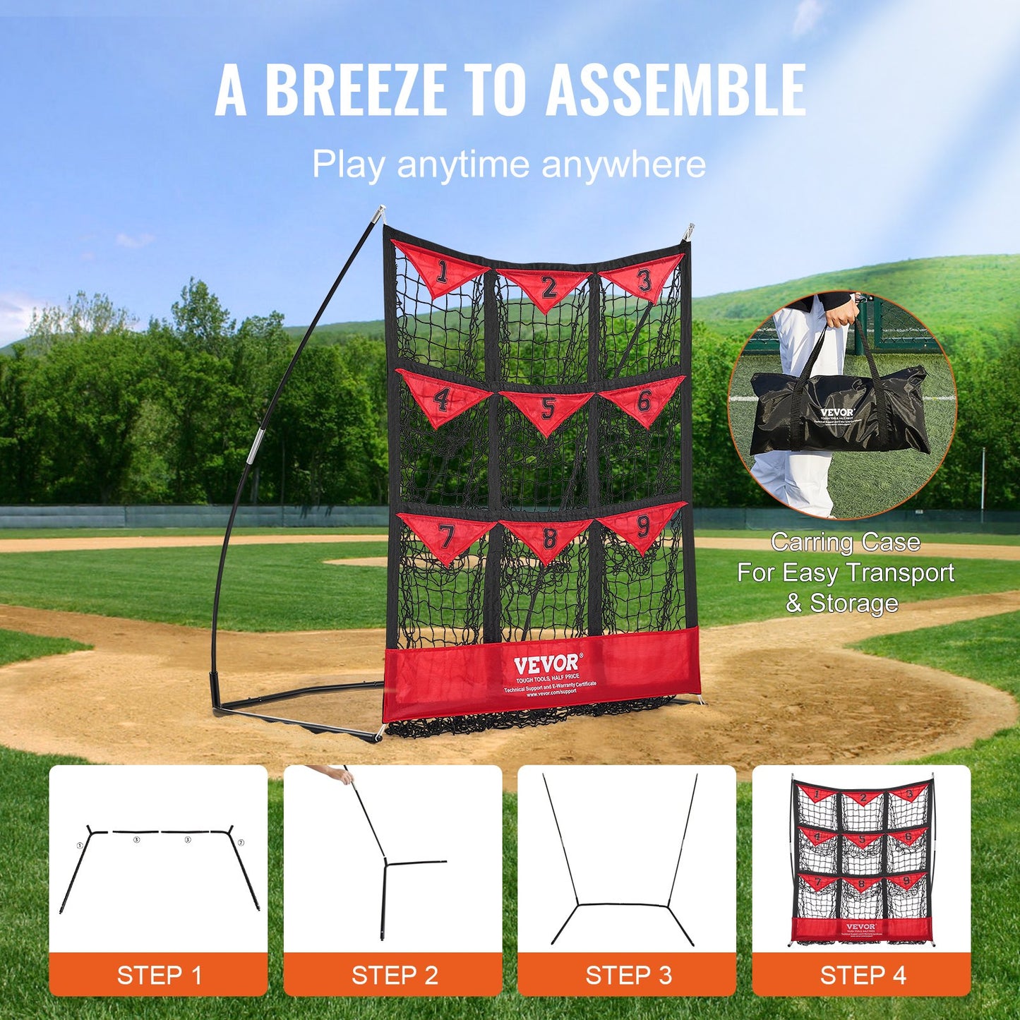 9-Hole Baseball Net, 49"x42" Softball Baseball Training Equipment for Batting Practice, Portable Quick Assembly Coach Aid with Carrying Bag, Strike Zone, Ground Stakes, for Youth Adults