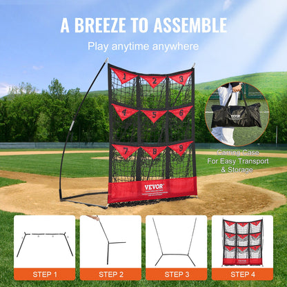 9-Hole Baseball Net, 49"x42" Softball Baseball Training Equipment for Batting Practice, Portable Quick Assembly Coach Aid with Carrying Bag, Strike Zone, Ground Stakes, for Youth Adults