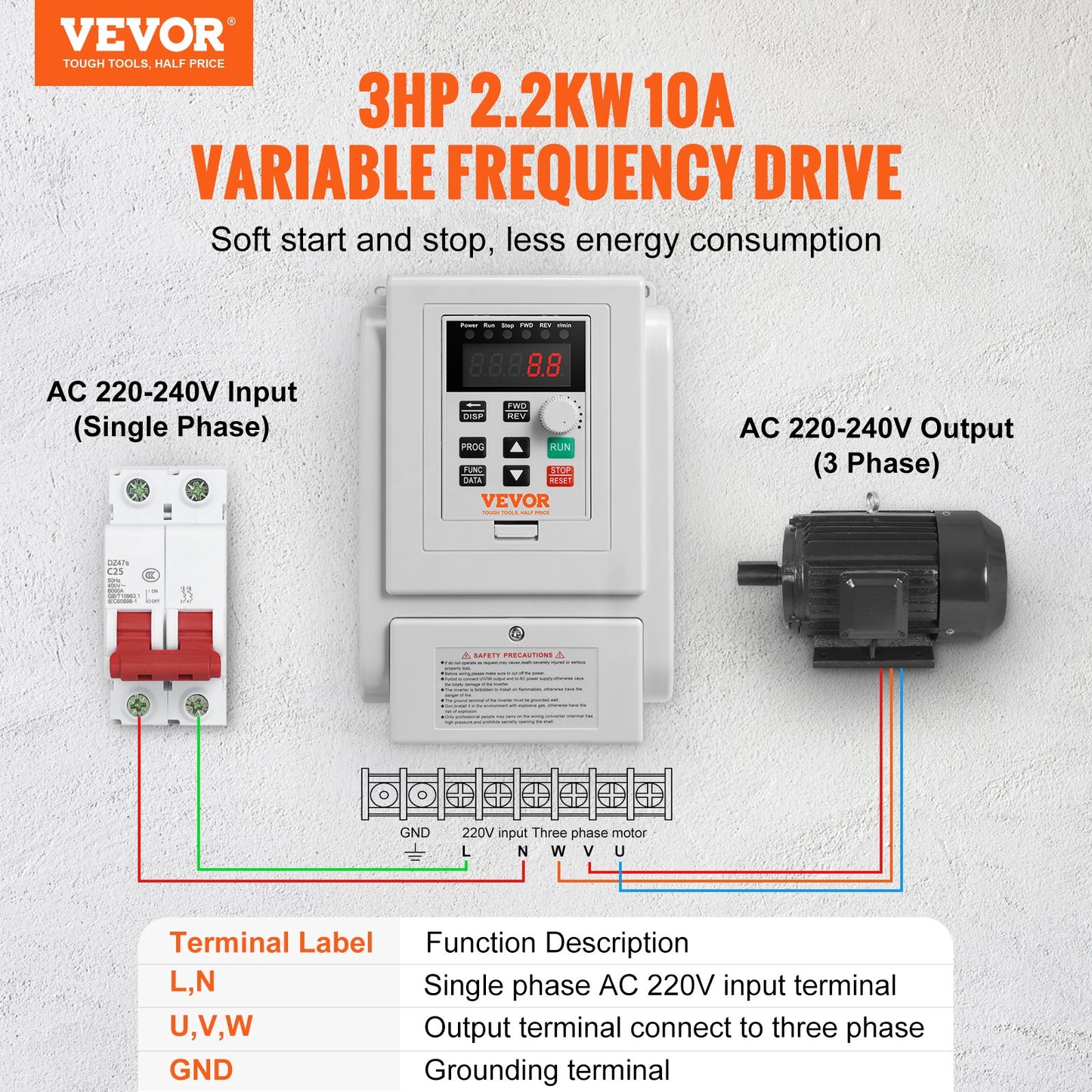 VFD 2,2 kW 10 A 3 PS Frequenzumrichter zur 3-Phasen-Motordrehzahlregelung