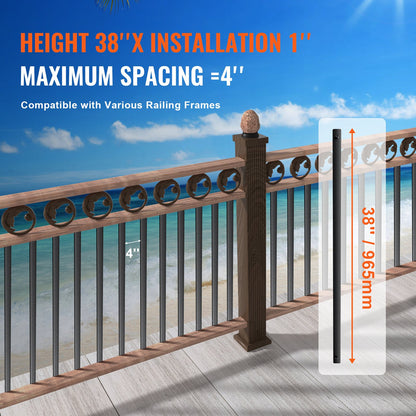 Staircase Metal Balusters, 38'' x 1'' Platta aluminiumlegering dekorativa räckespindlar, 72-pack däcksräcke med skruvar, klassiskt ihåligt däcksräcke satinsvart pulverlackerat för veranda