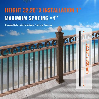 Metallbaluster für Treppen, 82,9 x 2,5 cm, flache dekorative Geländerspindeln aus Aluminiumlegierung, 51er-Packung Deckgeländer mit Schrauben, klassisches hohles Deckgeländer, satinschwarz pulverbeschichtet für die Veranda
