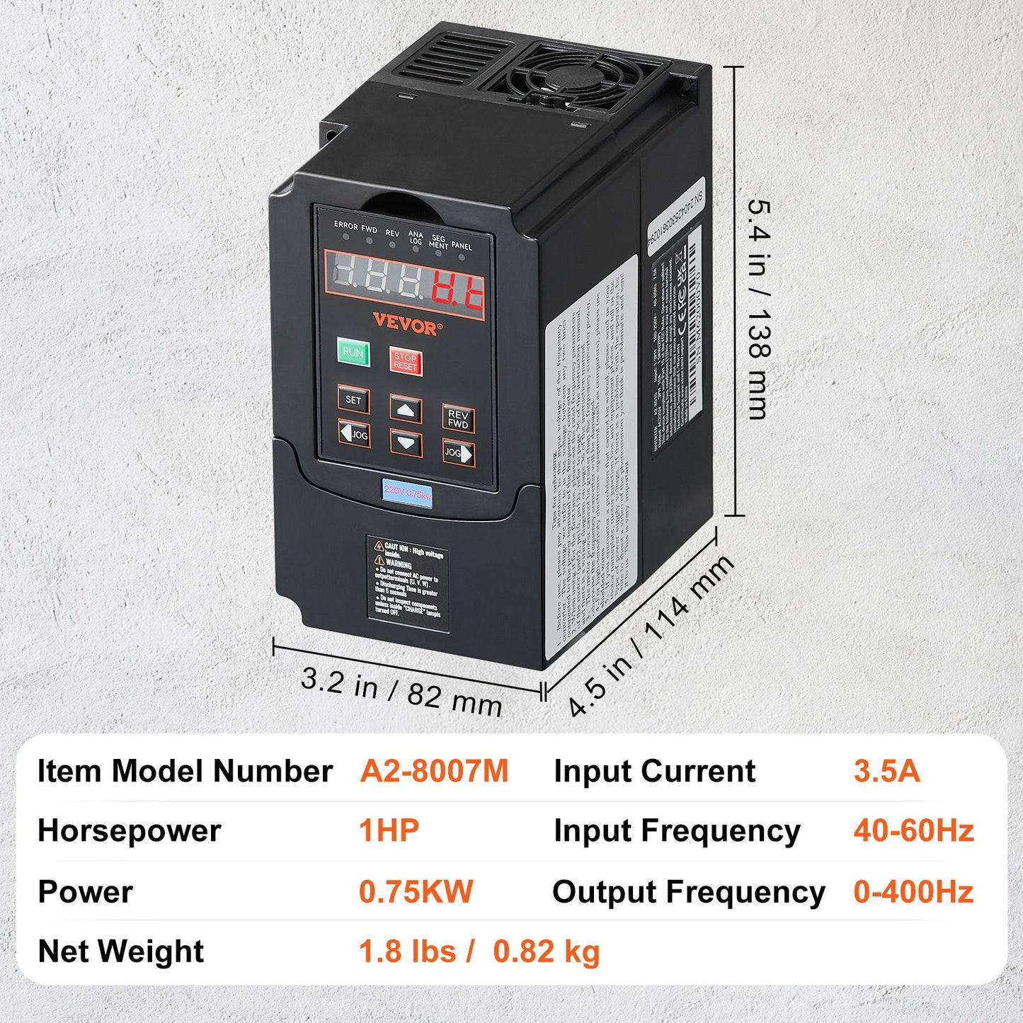 VFD 1HP 0.75KW 3.5Ampere 220V 1- or 3-phase input to 3-phase output 0-400Hz