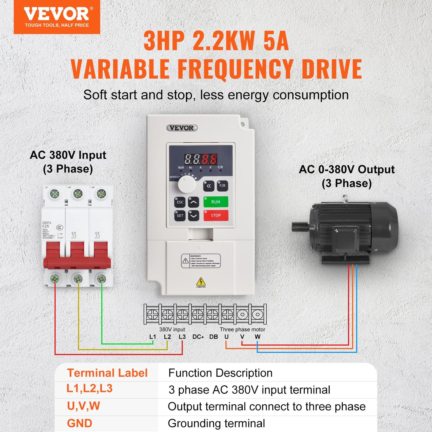 VFD 3HP 2,2KW 5A 3 Fas AC 380V Ingång till 3 Fas 0-380V Utgång 0-2000Hz