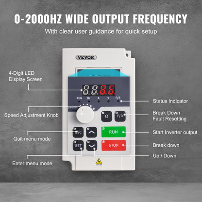 VFD 3HP 2,2KW 5A 3 Fas AC 380V Ingång till 3 Fas 0-380V Utgång 0-2000Hz