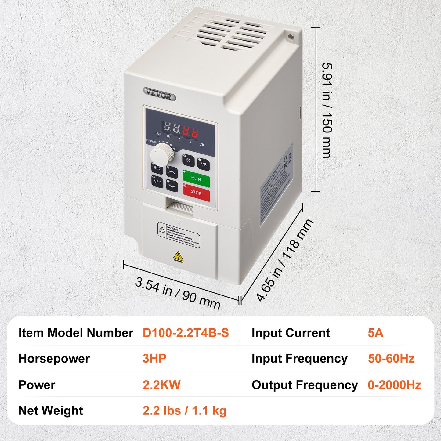 VFD 3HP 2,2KW 5A 3 Fas AC 380V Ingång till 3 Fas 0-380V Utgång 0-2000Hz