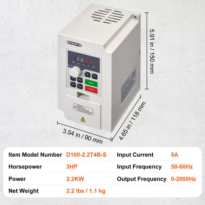 VFD 3HP 2,2KW 5A 3 Fas AC 380V Ingång till 3 Fas 0-380V Utgång 0-2000Hz