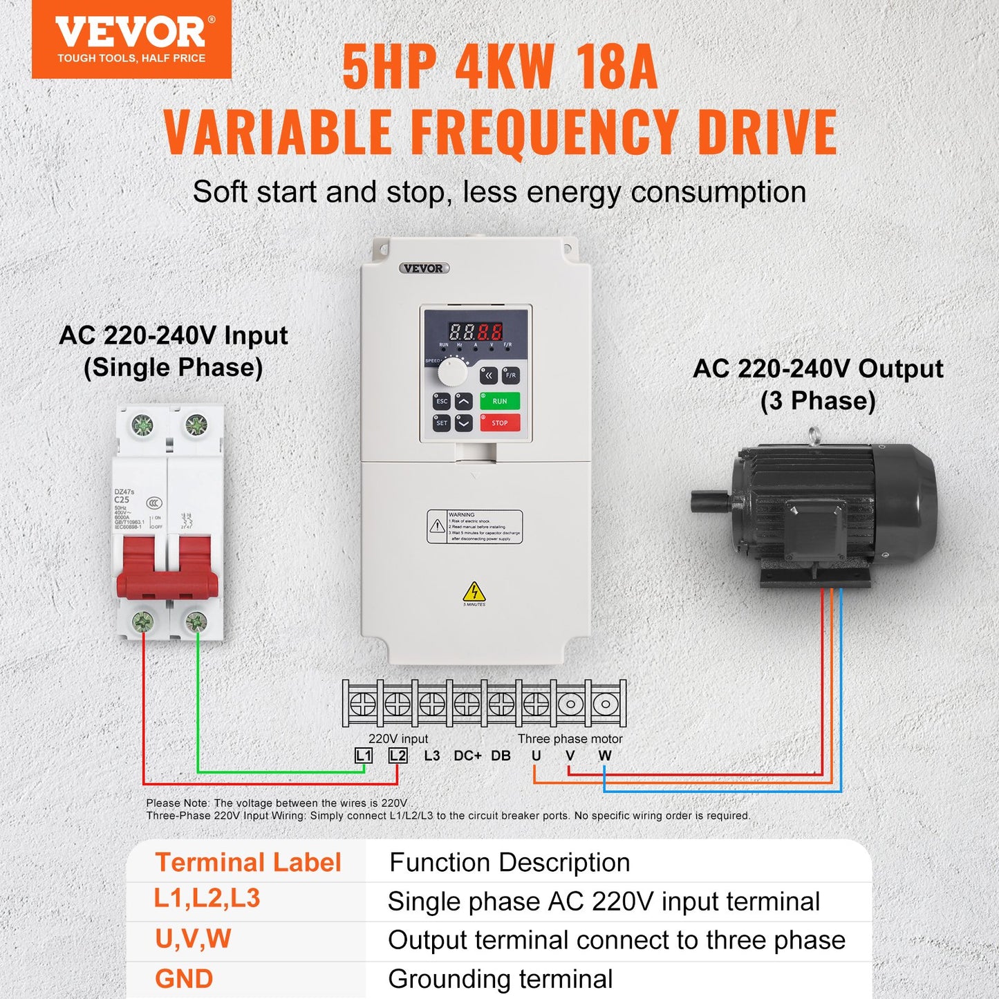 VFD 5HP 4KW 18A 1 or 3 Phase AC 220V Input to 3 Phase AC 0~220V Output