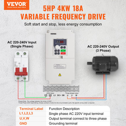 VFD 5HP 4KW 18A 1 or 3 Phase AC 220V Input to 3 Phase AC 0~220V Output