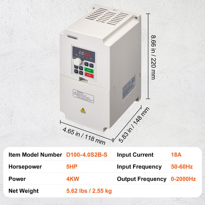 VFD 5HP 4KW 18A 1 or 3 Phase AC 220V Input to 3 Phase AC 0~220V Output