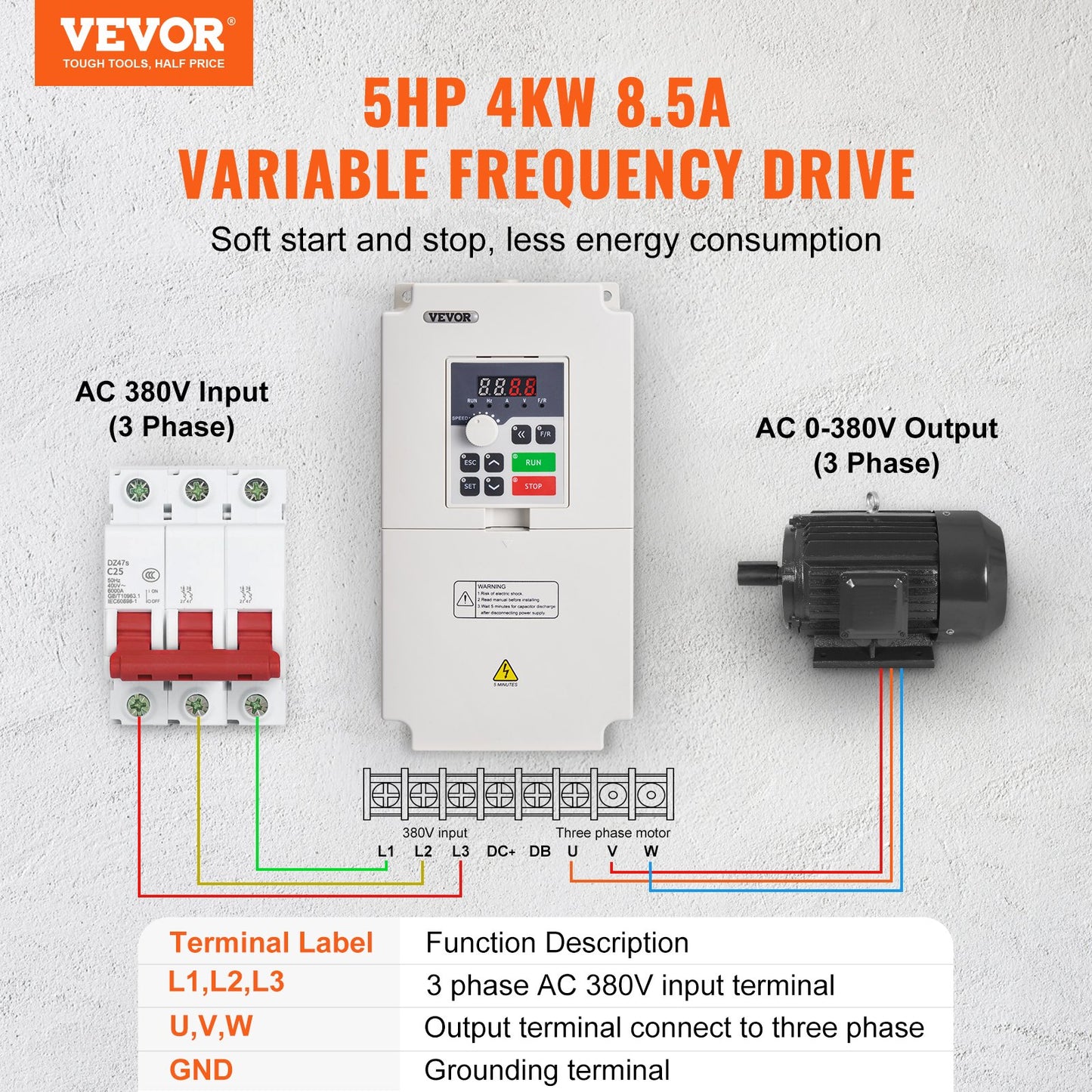 VFD 5HP 4KW 8.5A 3 Fas AC 380V Ingång till 3 Fas 0-380V Utgång 0-2000Hz