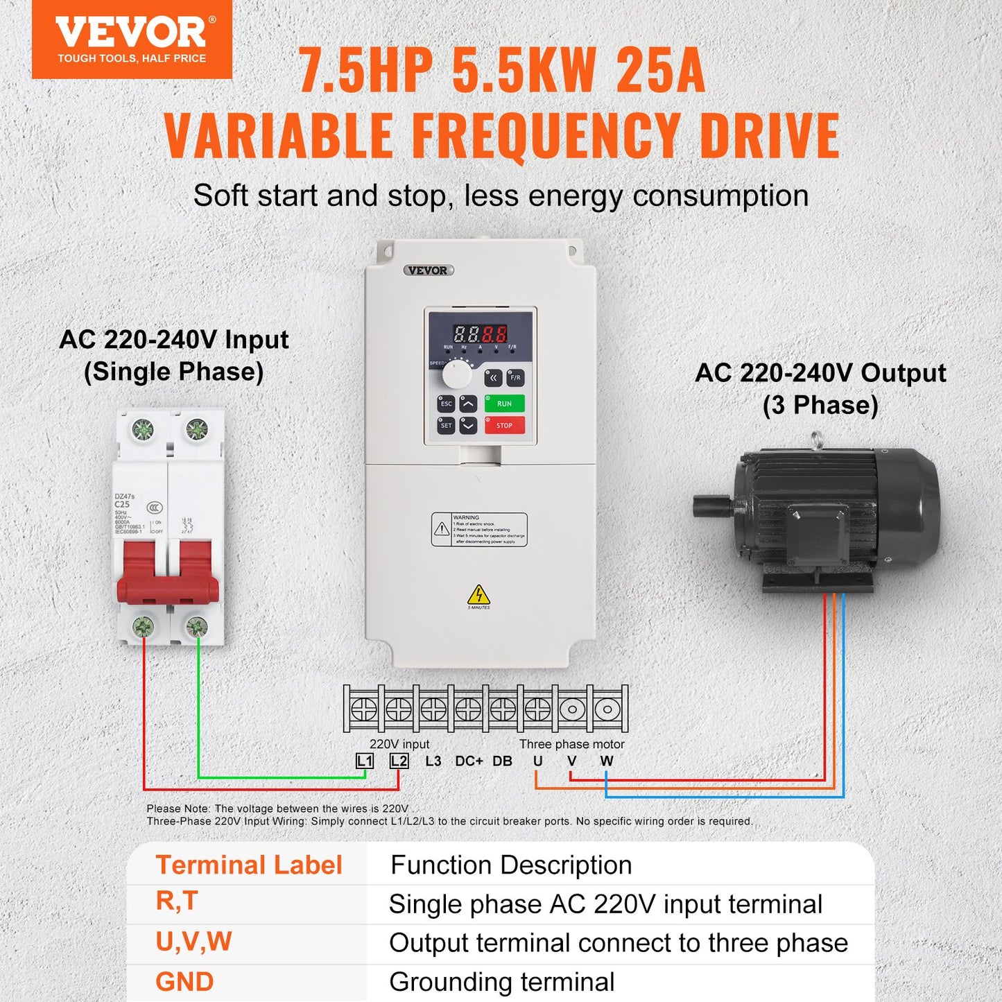 VFD 7,5HP 5,5KW 25A 1 eller 3 Fas AC 220V Ingång till 3 Fas AC 0~220V Utgång