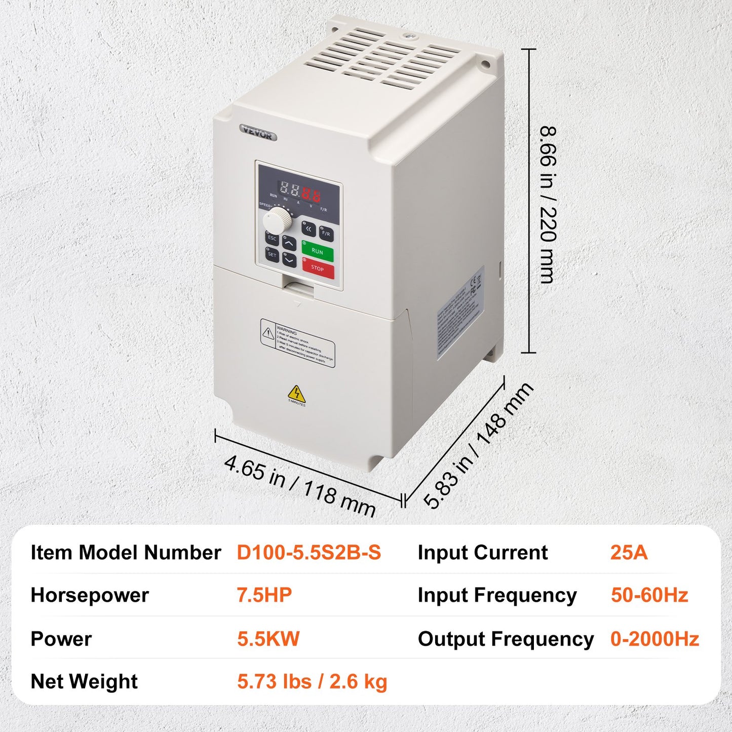 VFD 7,5HP 5,5KW 25A 1 eller 3 Fas AC 220V Ingång till 3 Fas AC 0~220V Utgång