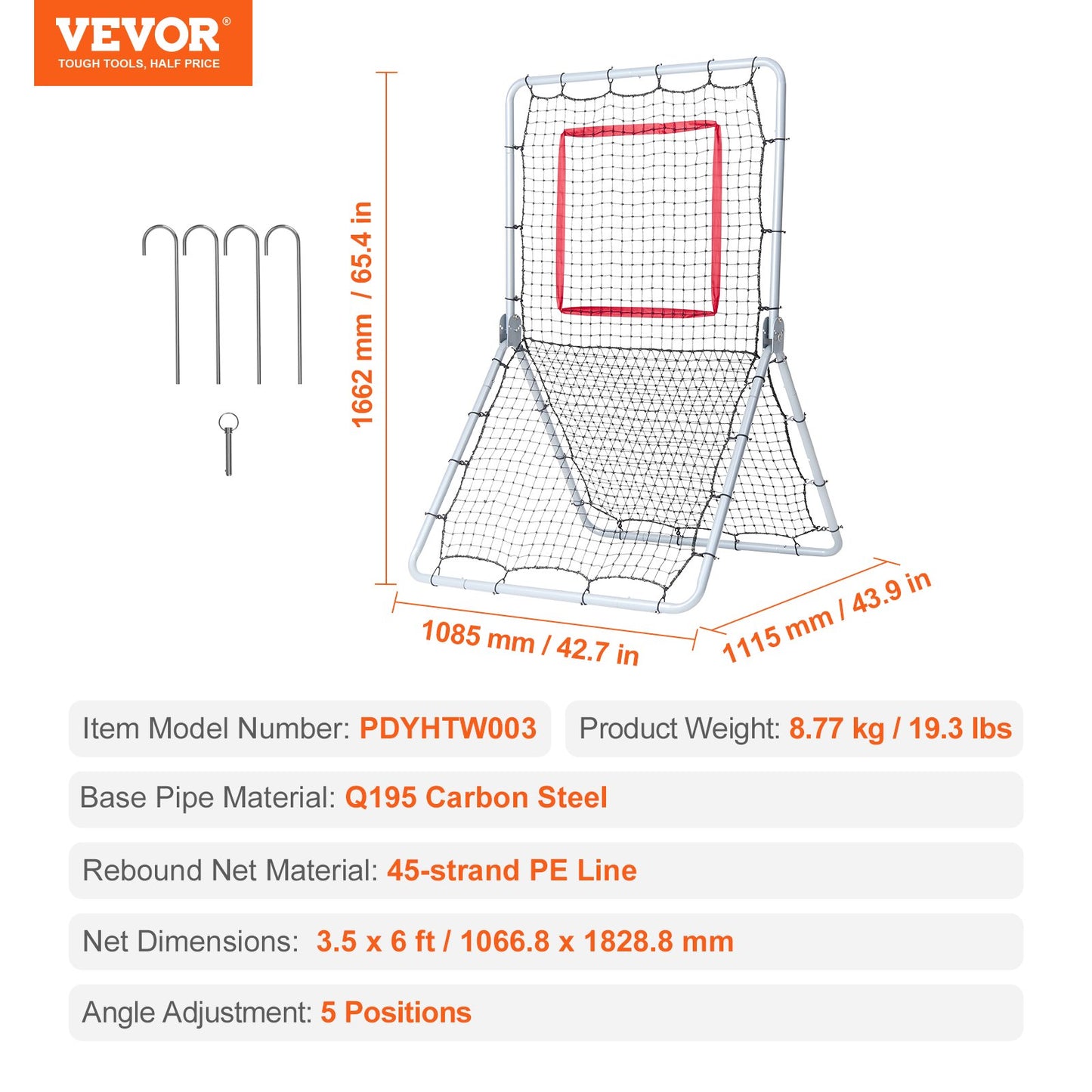 Baseball- und Softball-Rebounder-Netz 3,5 x 6 Fuß 5 einstellbare Winkel