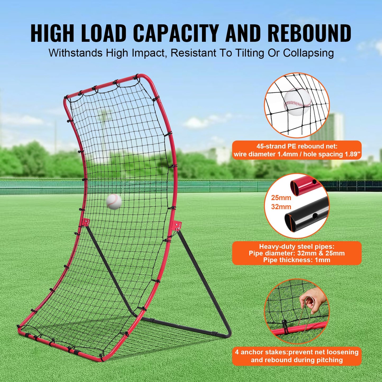 Baseball and Softball Rebounder Net 4x5.5 ft PitchBack All Angle Fielding
