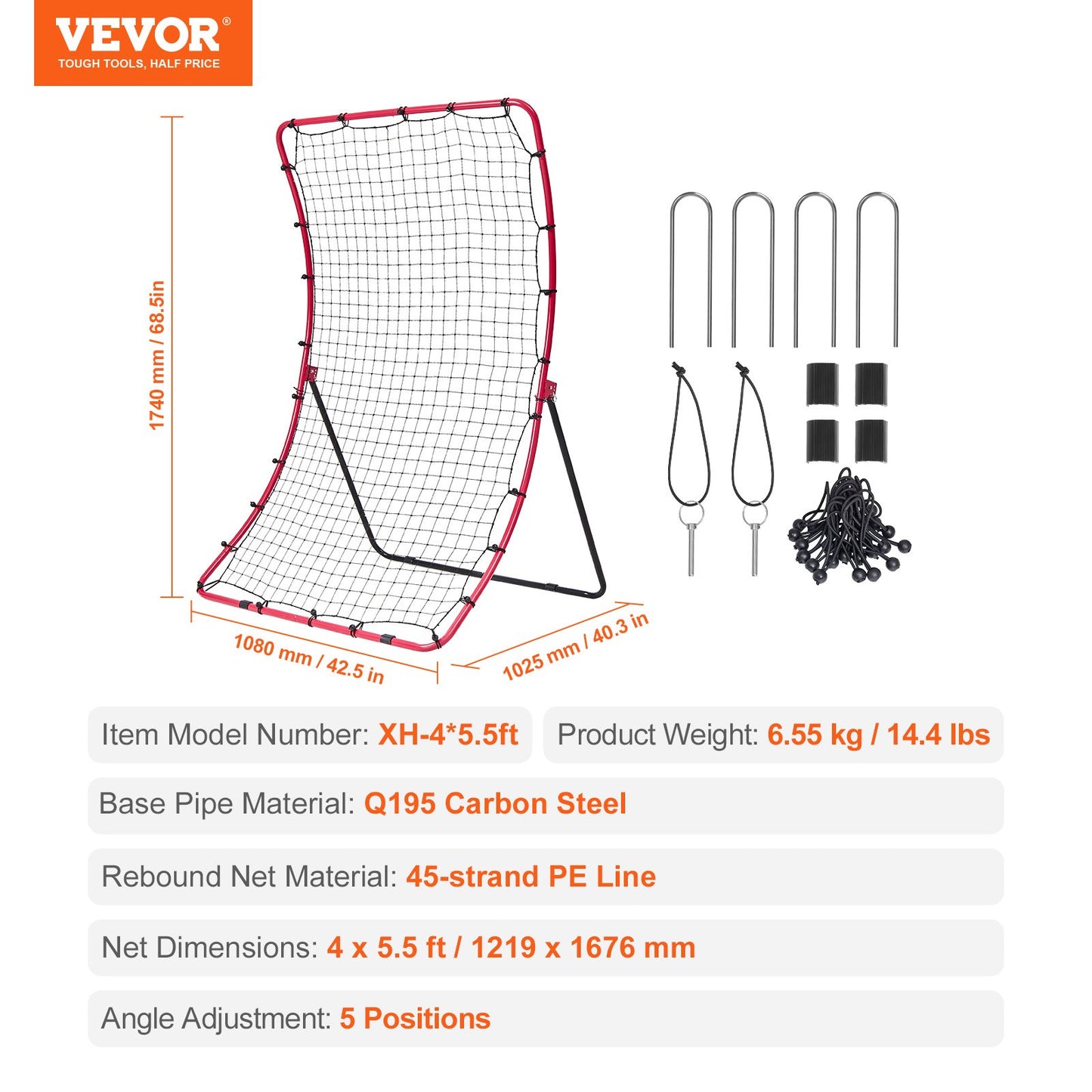 Baseball and Softball Rebounder Net 4x5.5 ft PitchBack All Angle Fielding