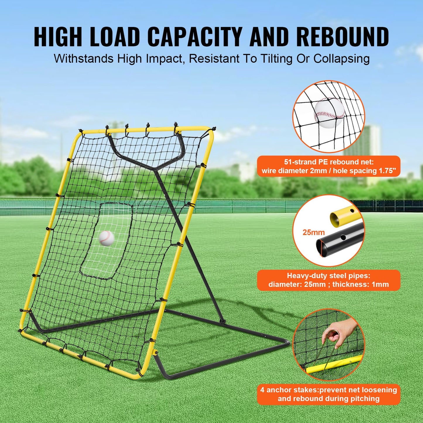 Baseball and Softball Rebounder Net 4x4.5 Ft PitchBack Adjustable Angles